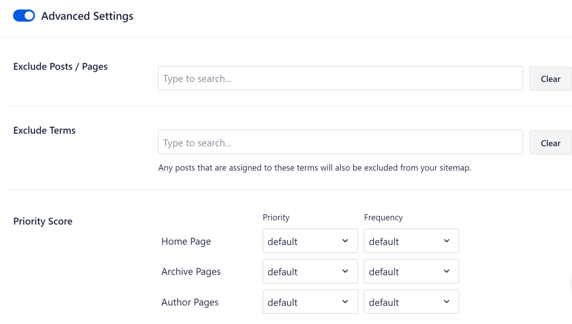 sitemap advanced settings