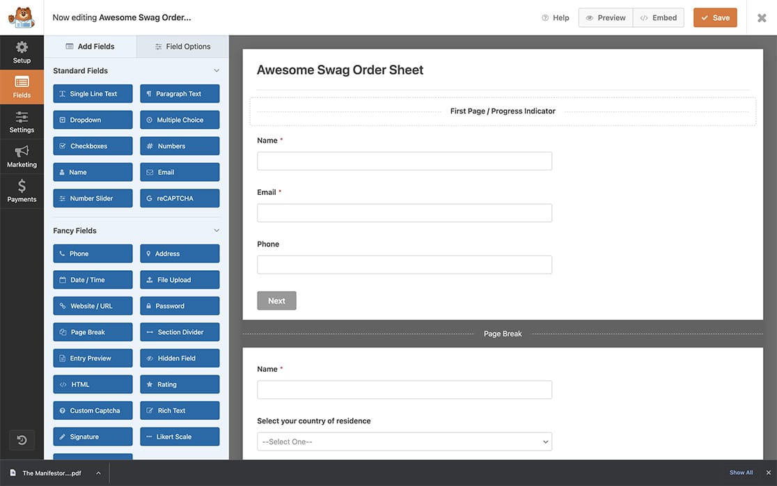 create the multi page form