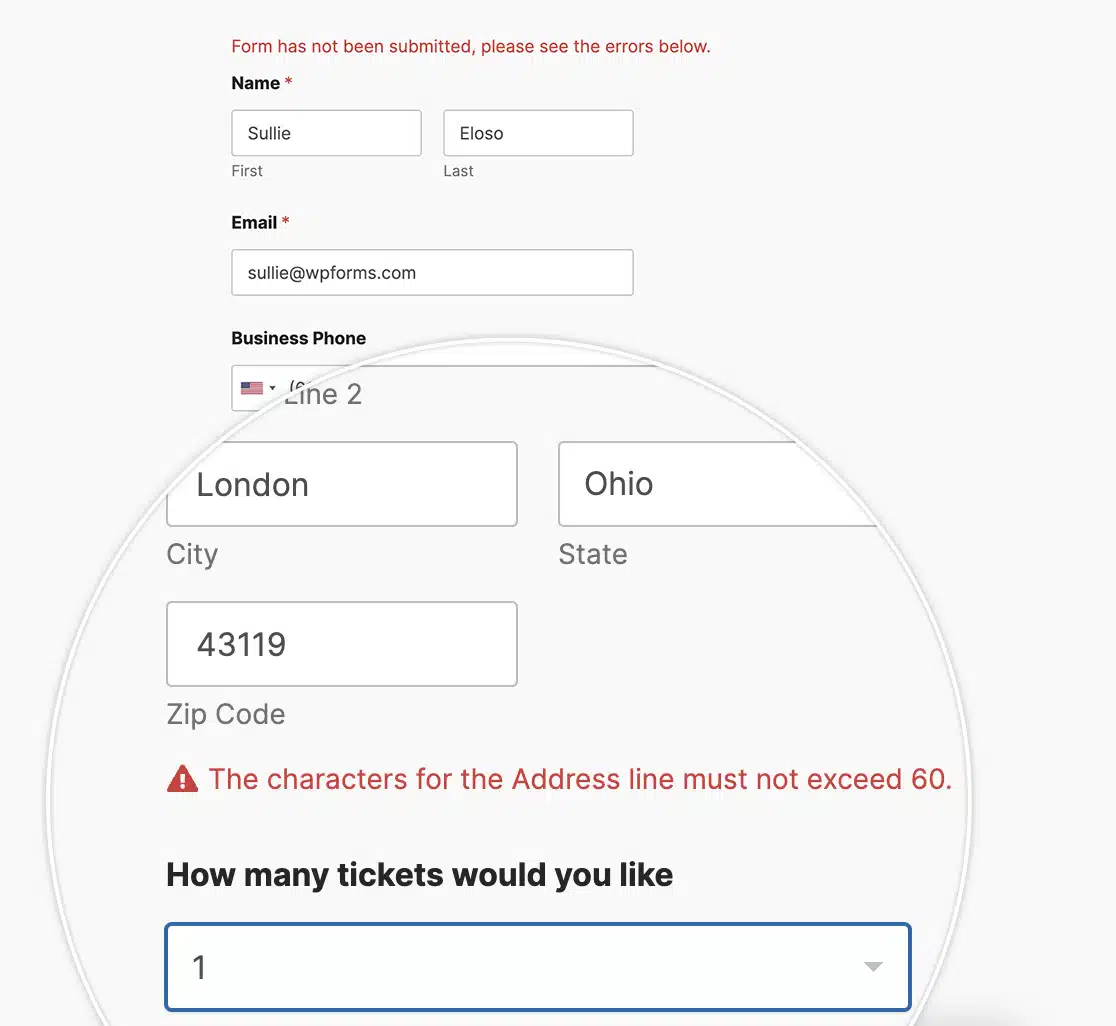 users will see an immediate address validation message if the address on line 1 or line 2 exceeds 60 characters