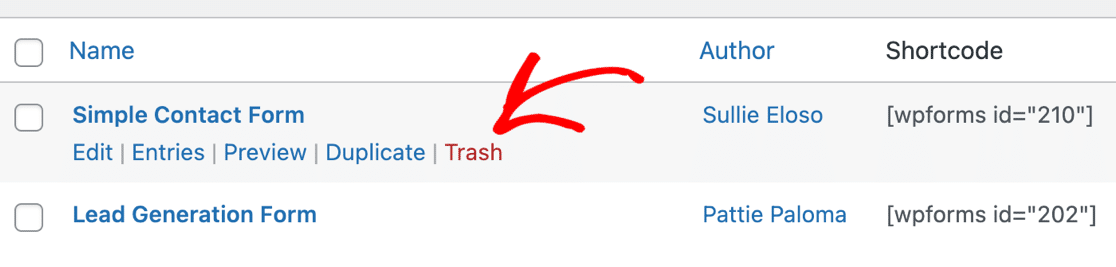 Send form to trash