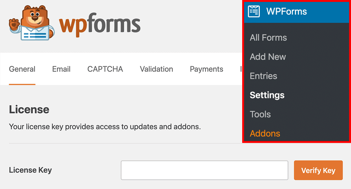 The Licence Key section on the WPForms plugin for WordPress