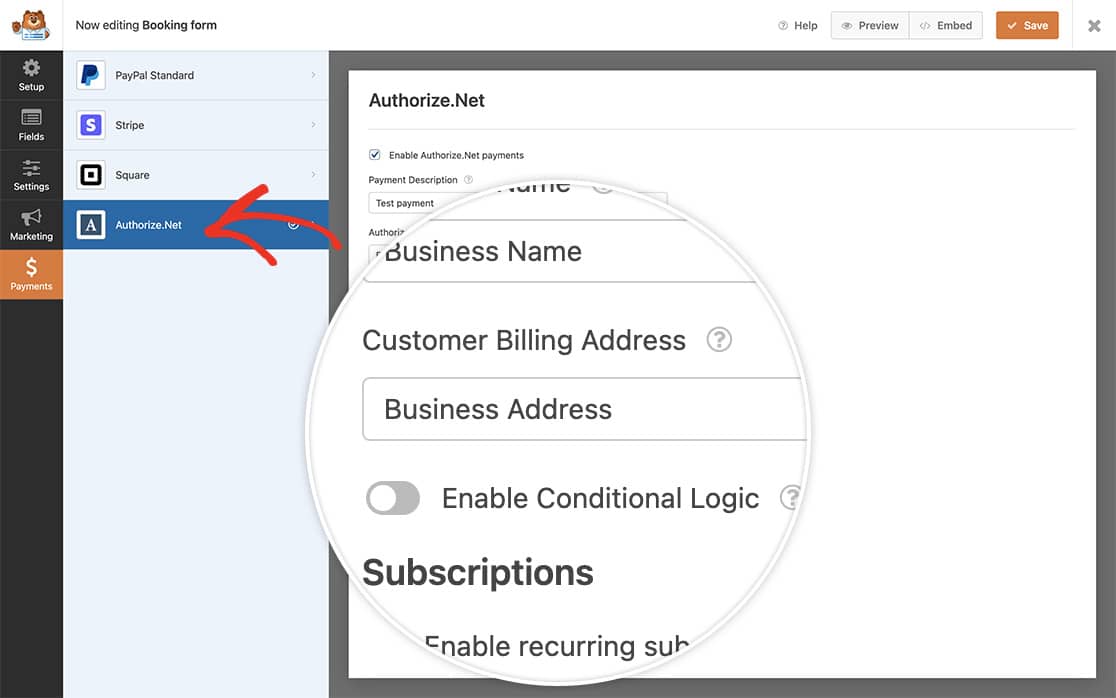 map your form fields from your form to the correct fields inside Authorize.net