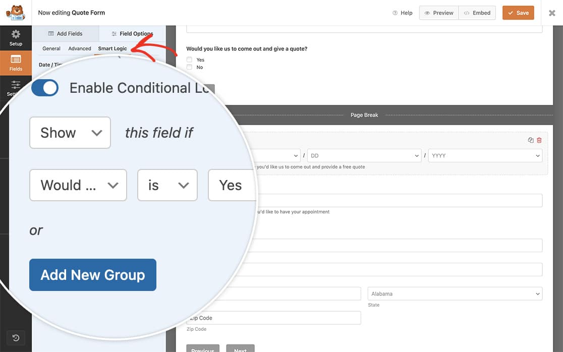 set the logic to show or hide each field based on the selection from the first page