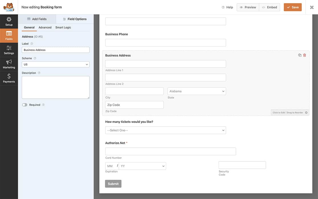create the Authorize.net payment form including the Address form field