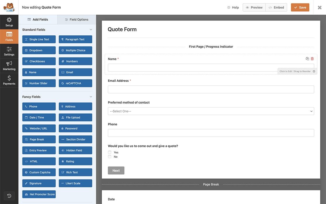 create your form and addd your page breaks