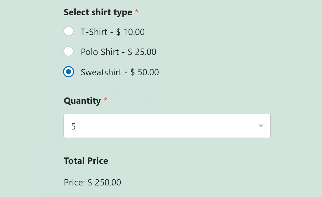 Product quantity and total price