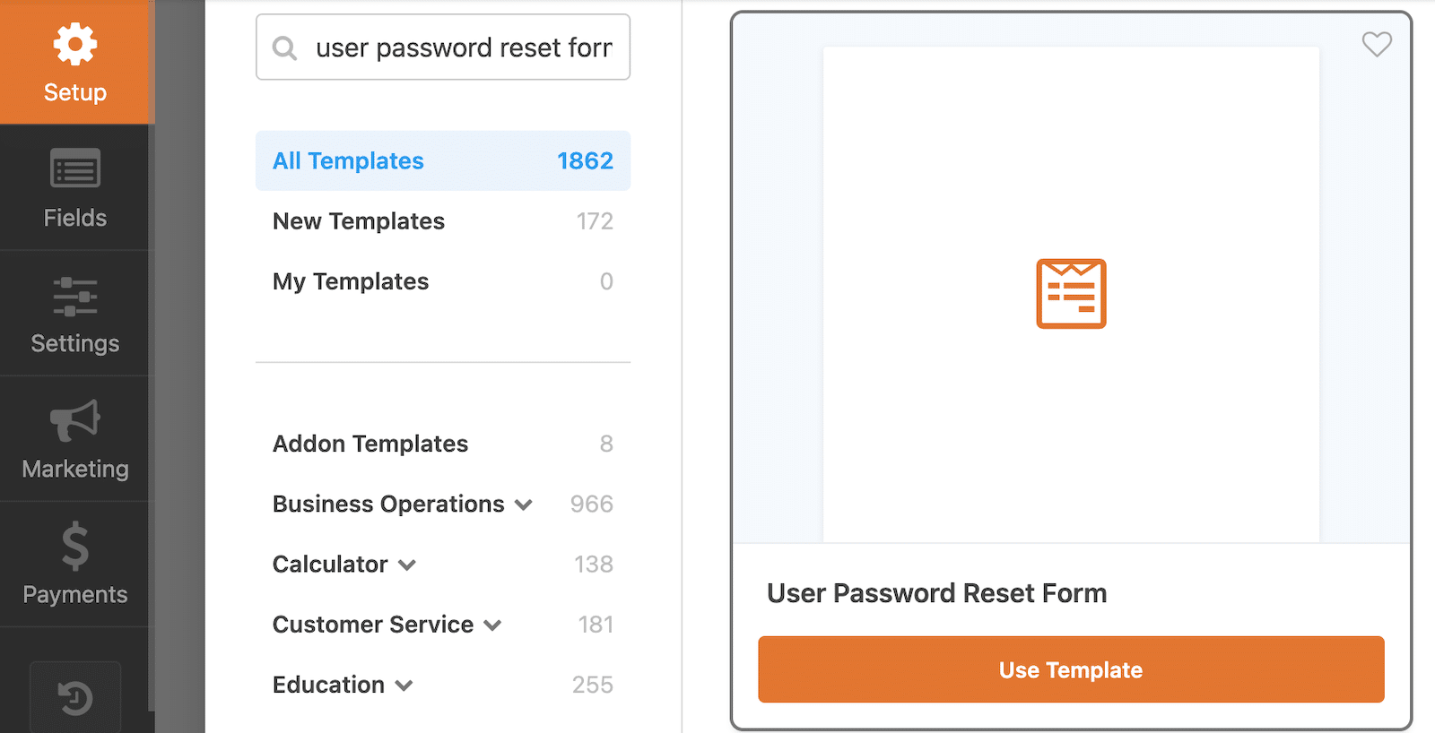 Select the User Password Reset Form template.