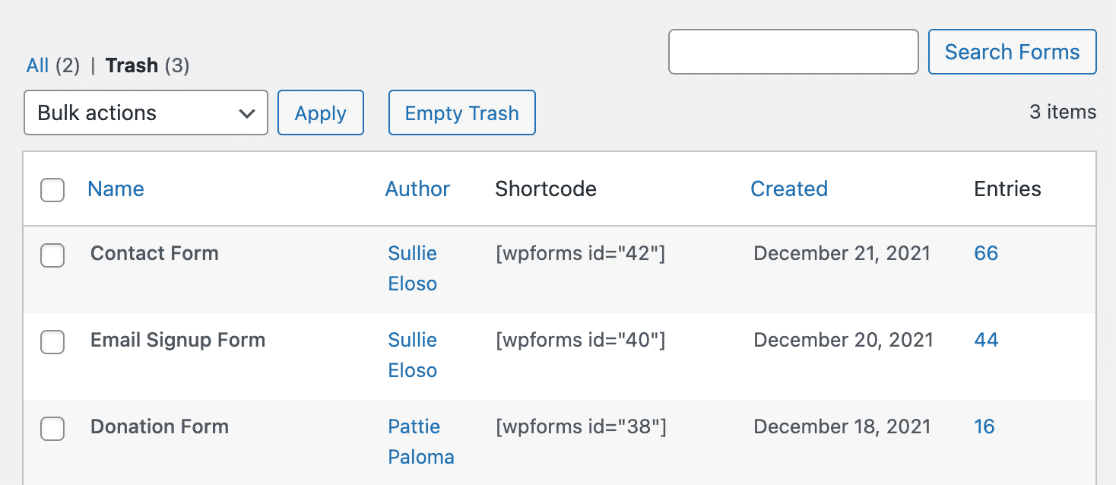 WPForms - trash feature