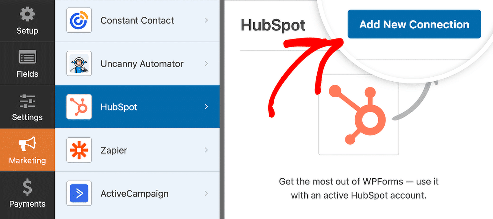 add new connection hubspot