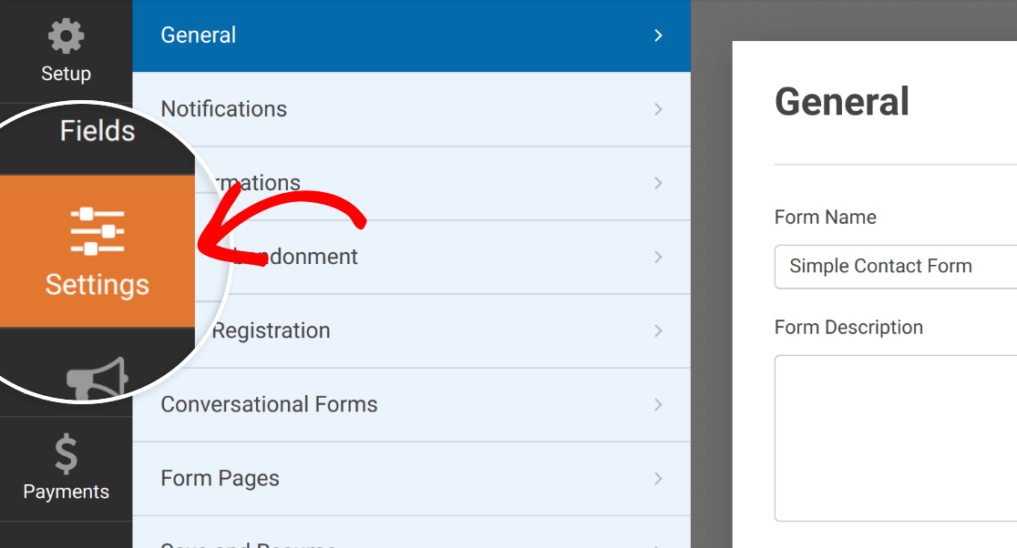 Opening the settings in the form builder