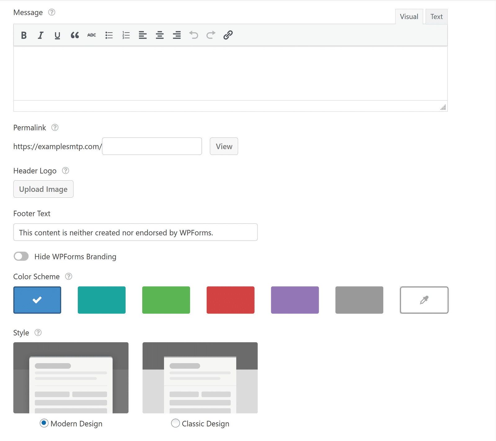 form pages settings