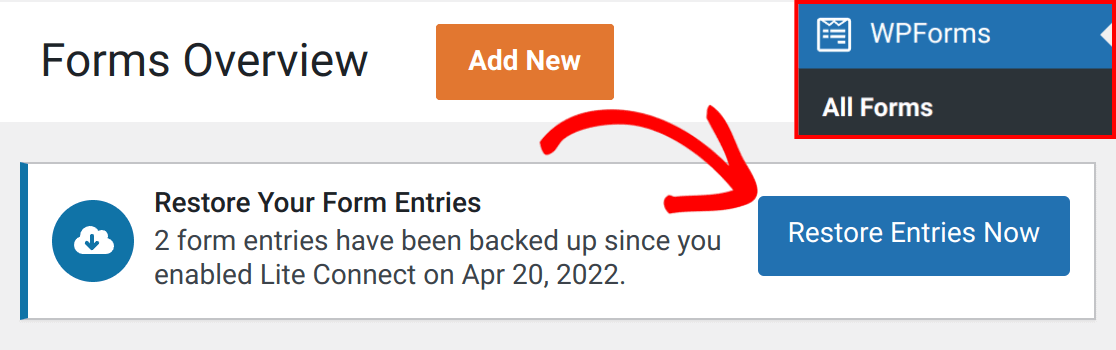 Notification to restore entries saved with Lite Connect.