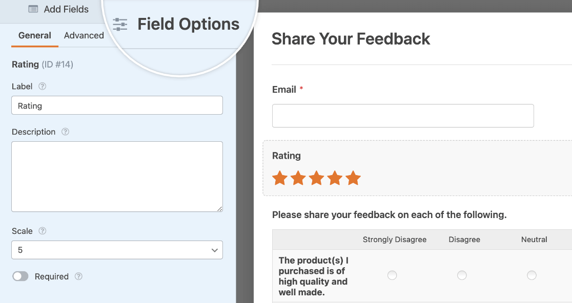 The field options for the Rating field