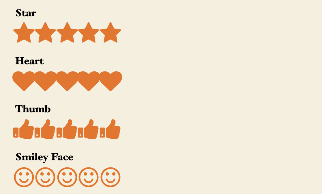Choose your type of icon for your emoji rating scale. The icons are Star, Heart, Thumb, or Smiley Face