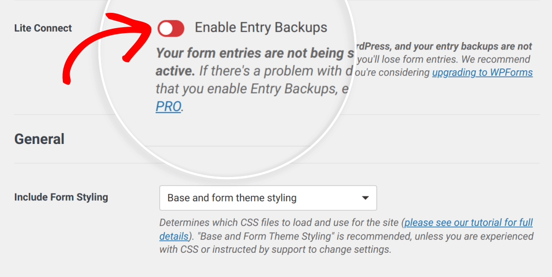 Enable entry backups in WPForms Lite settings
