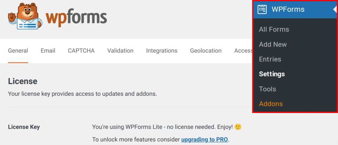 WPForms Lite settings