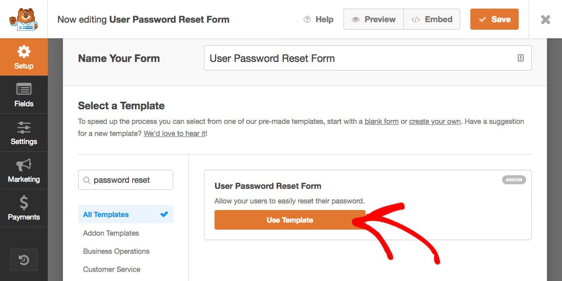WPForms' Password Reset Form template