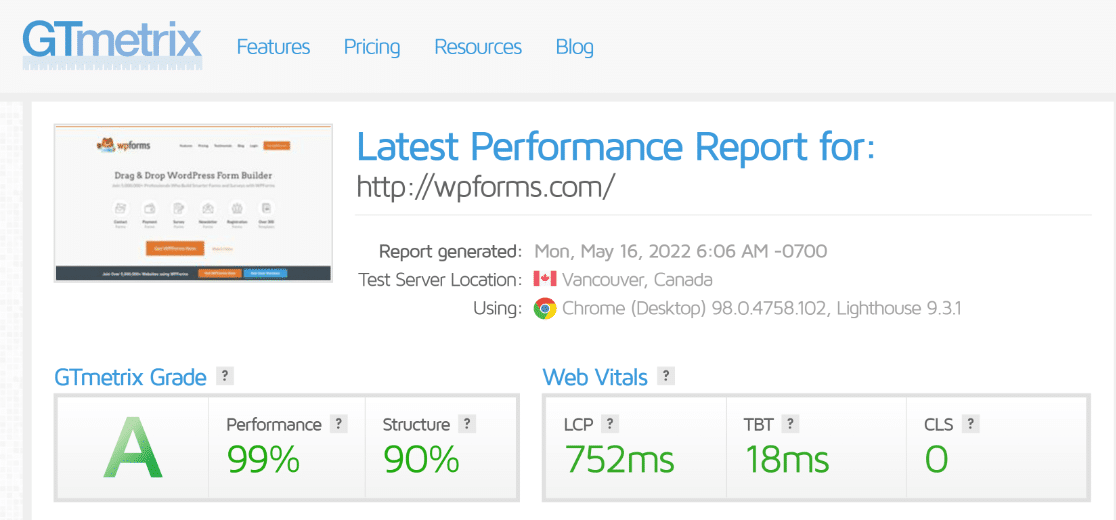 WPForms GTmetrix report