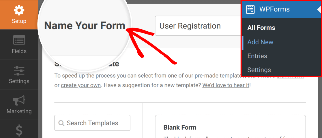 Adding a new form and filling in the Name Your Form field