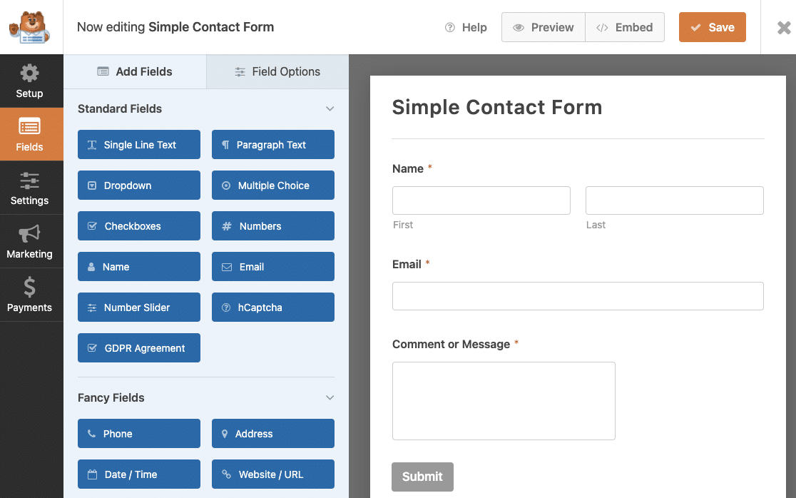 The WPForms form builder