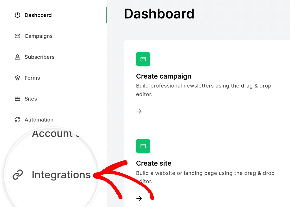 Integrations in MailerLite dashboard