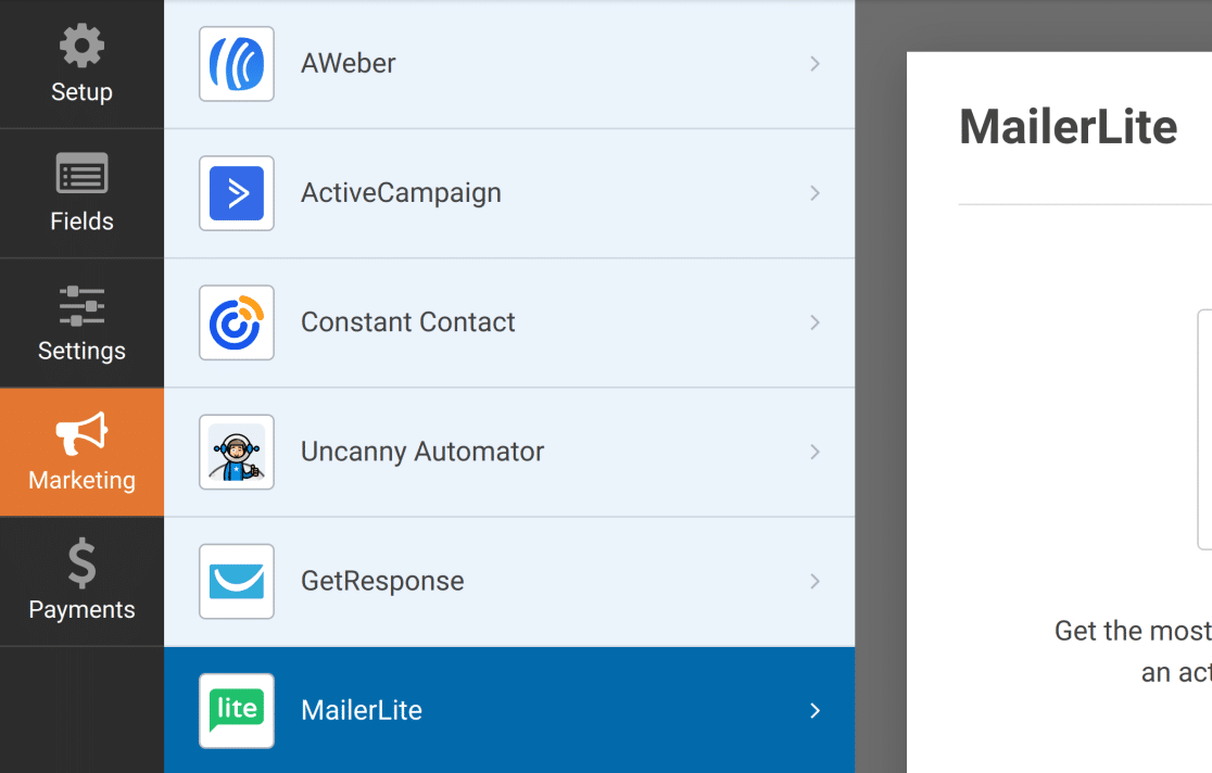 MailerLite in marketing tab