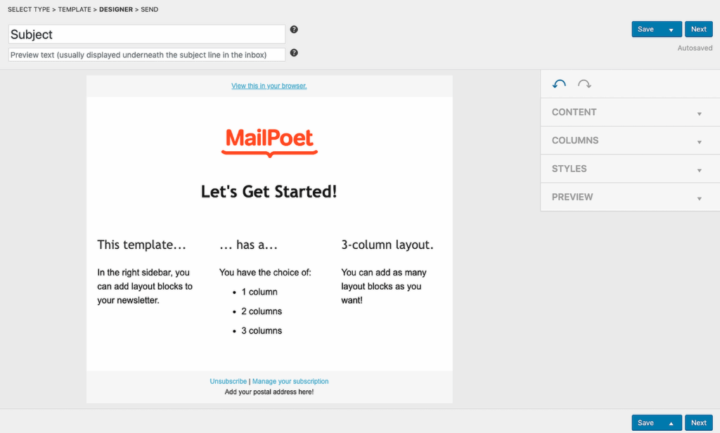 Editor di email MailPoet
