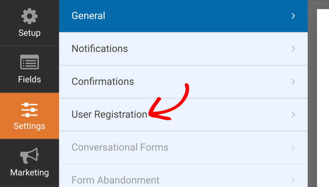 Accessing the User Registration settings for a form