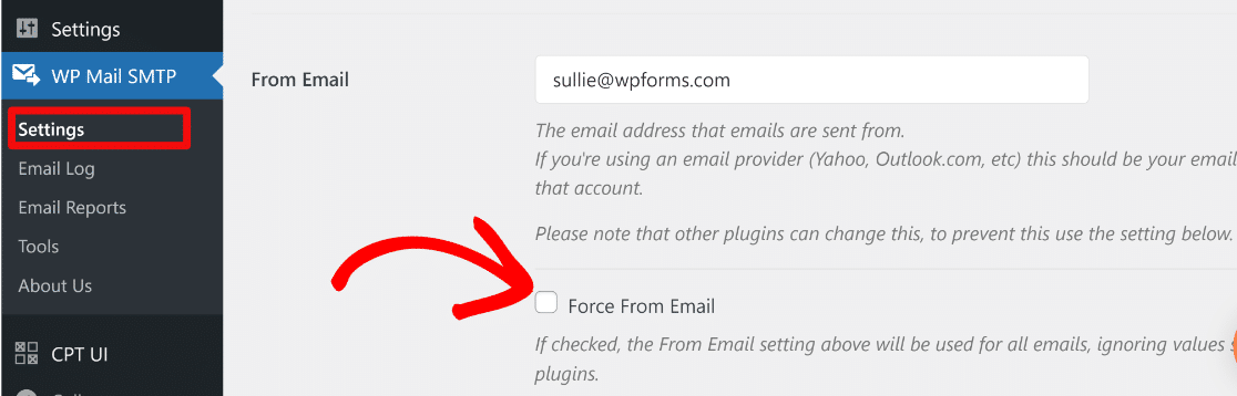 Force email smtp