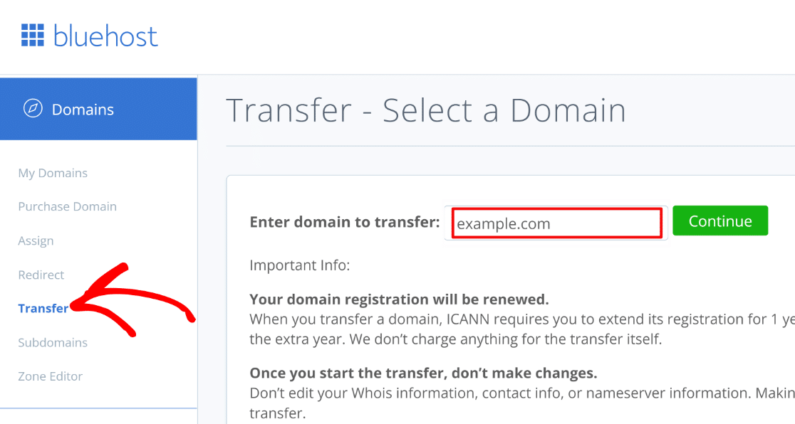 Transfer domain to bluehost