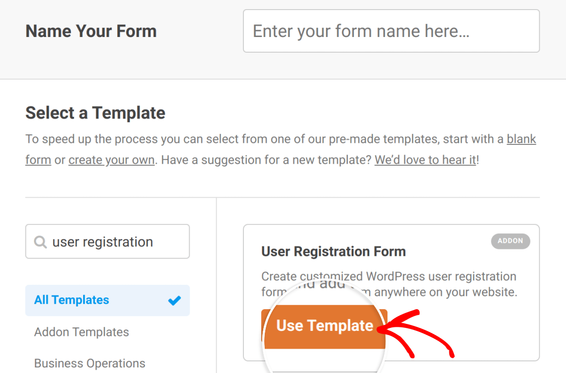 Selecting the User Registration form template