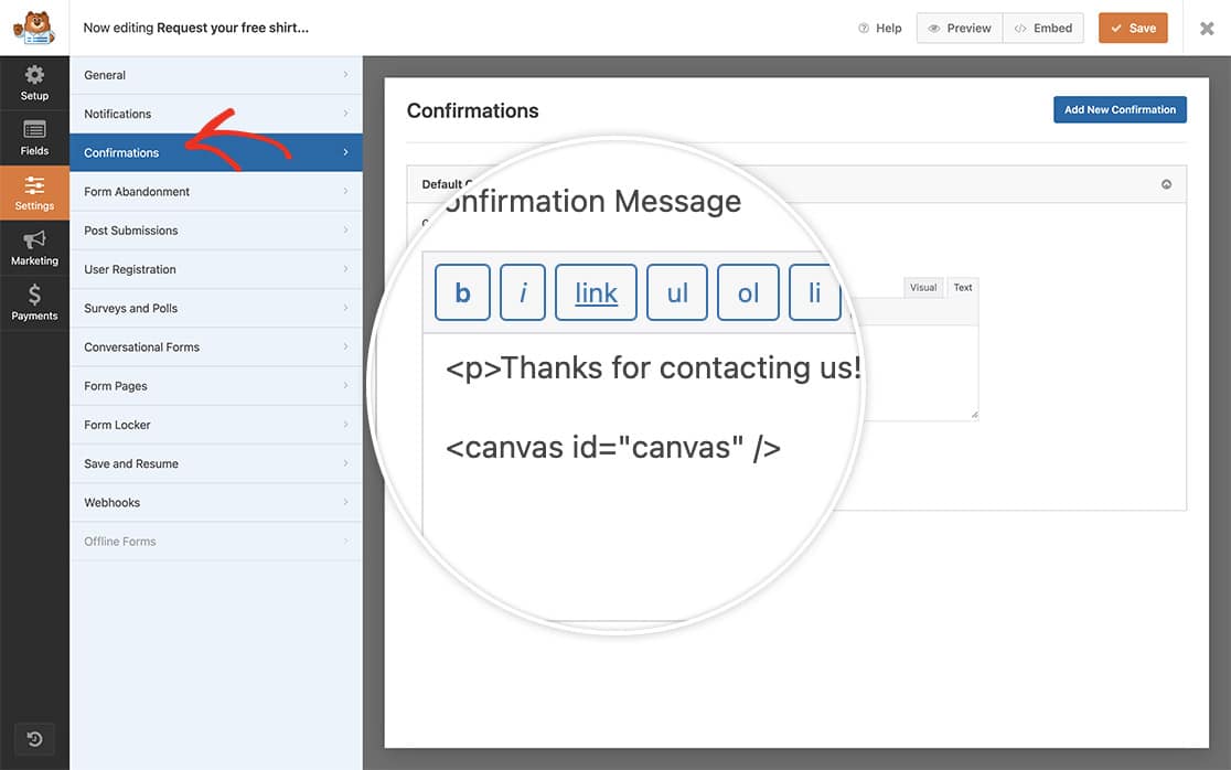 create your form and add your canvas element to the Text tab of the Confirmation message