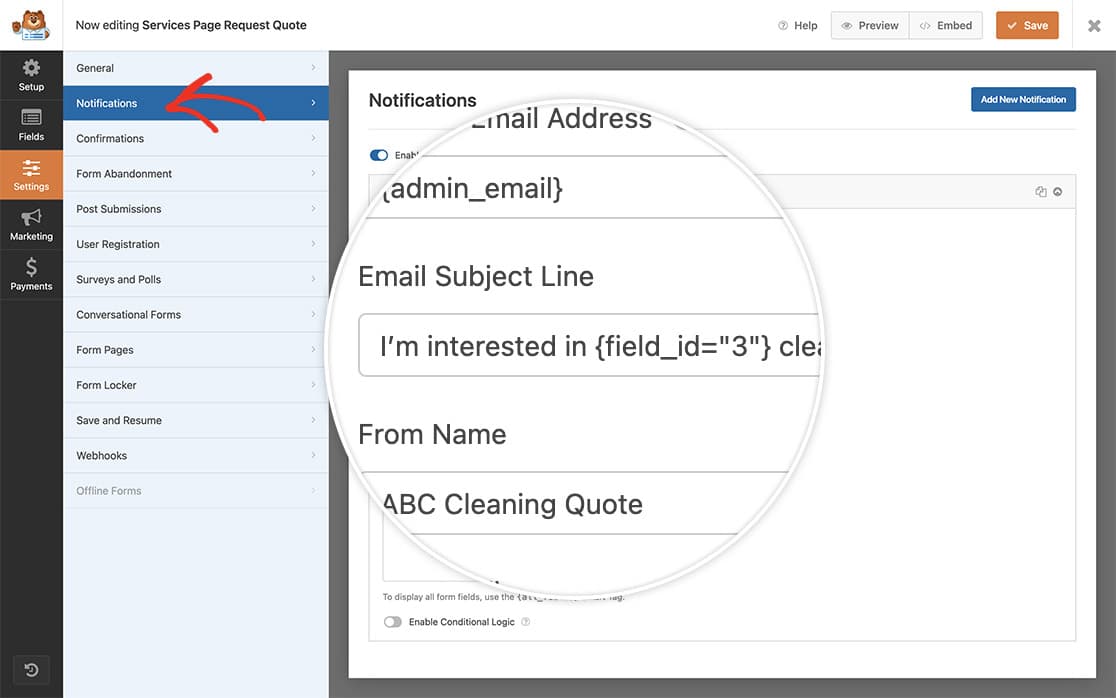 the field ID Smart Tag will now also populate the subject line of the email notifications