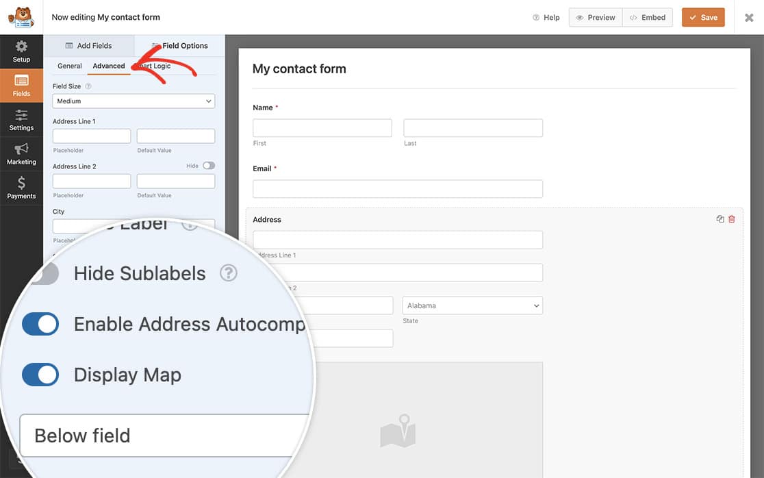enable the address autocomplete, the display map and the below field options on the Address field.