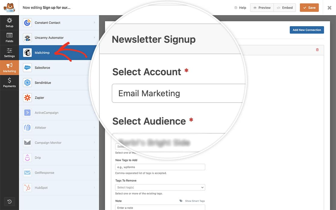 make your form connection to Mailchimp through the Marketing tab inside the form builder
