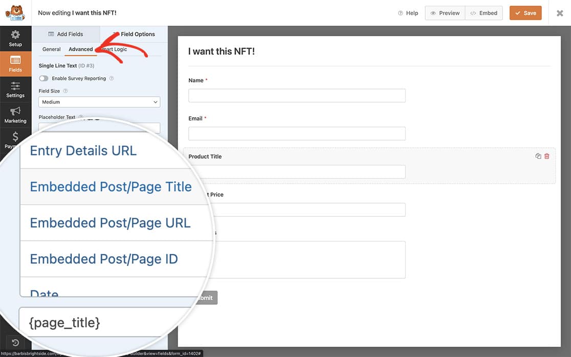 Add the Embedded Post/Page Title Smart Tag for the default value on the Product Title field