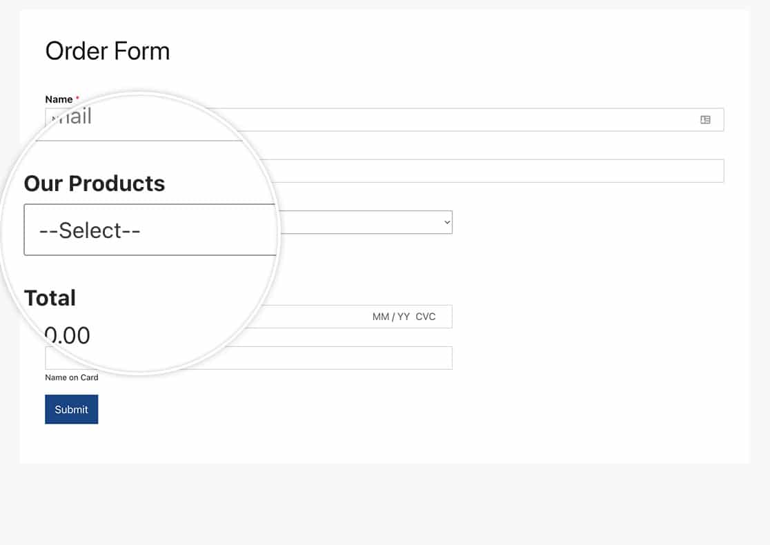 Now the form will show Select as the first dropdown item without a price