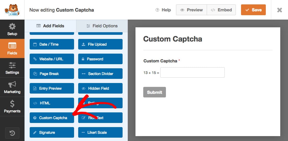 A red arrow pointing towards the custom captcha addon option