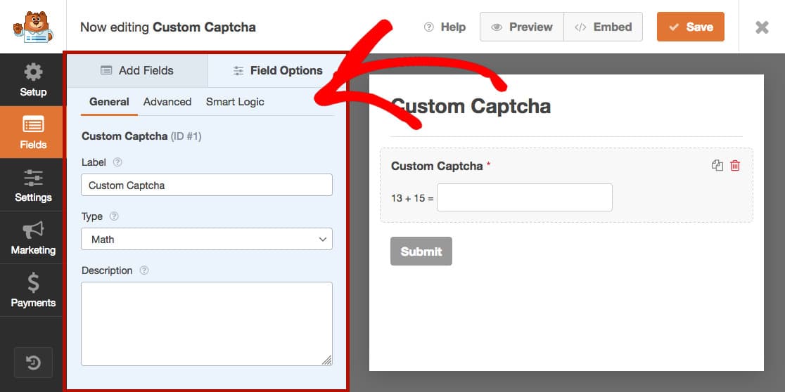 Field options on custom captcha