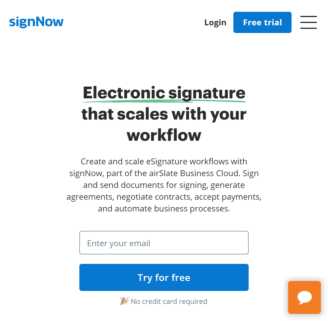 Screenshot of signNow homepage