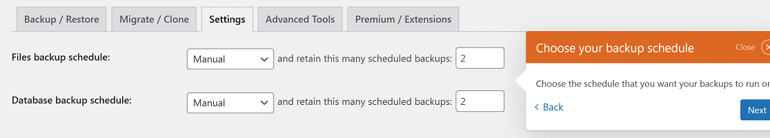 Backup frequency settings in UpdraftPlus
