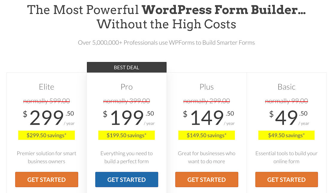 The WPForms pricing page in April 2023