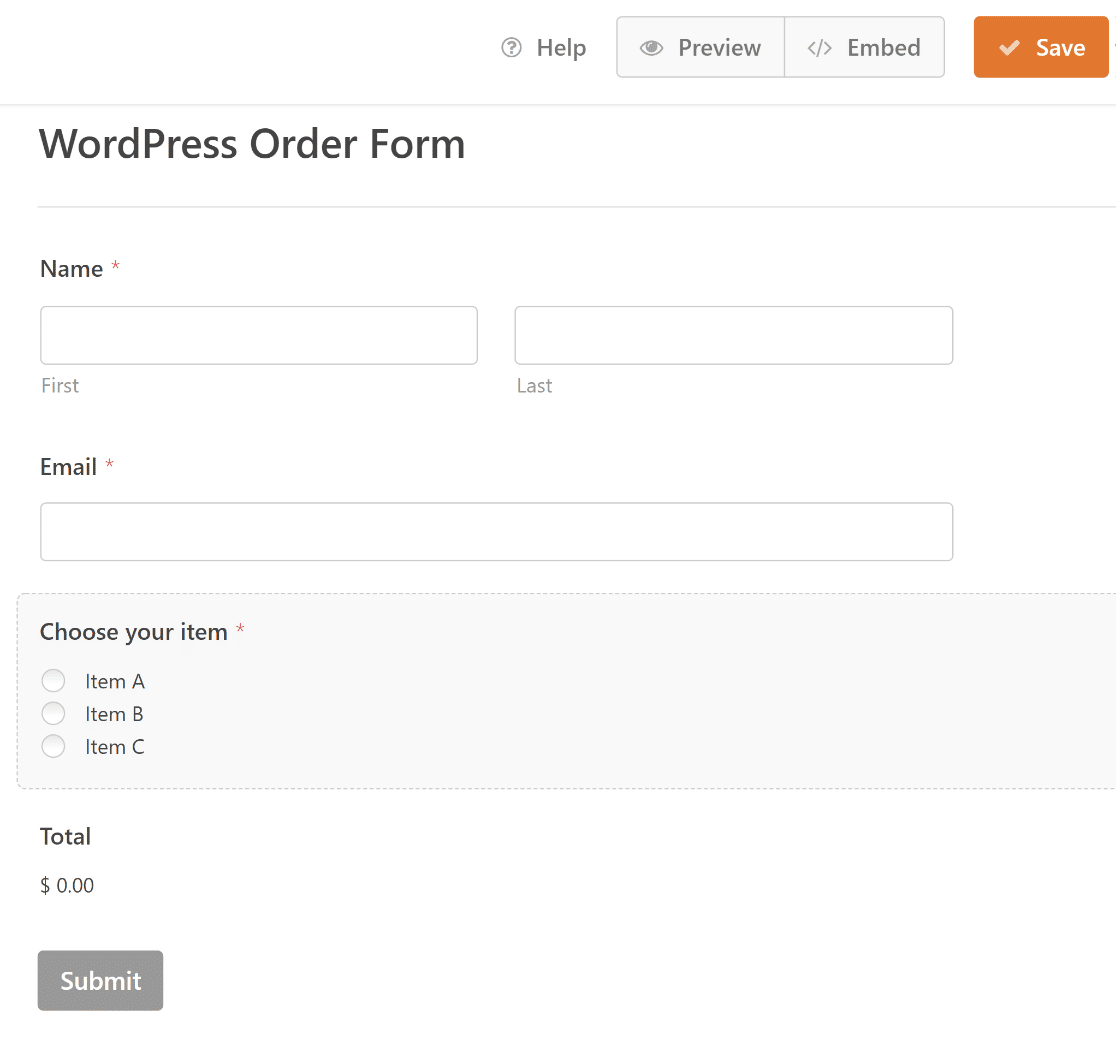 WordPress order form template