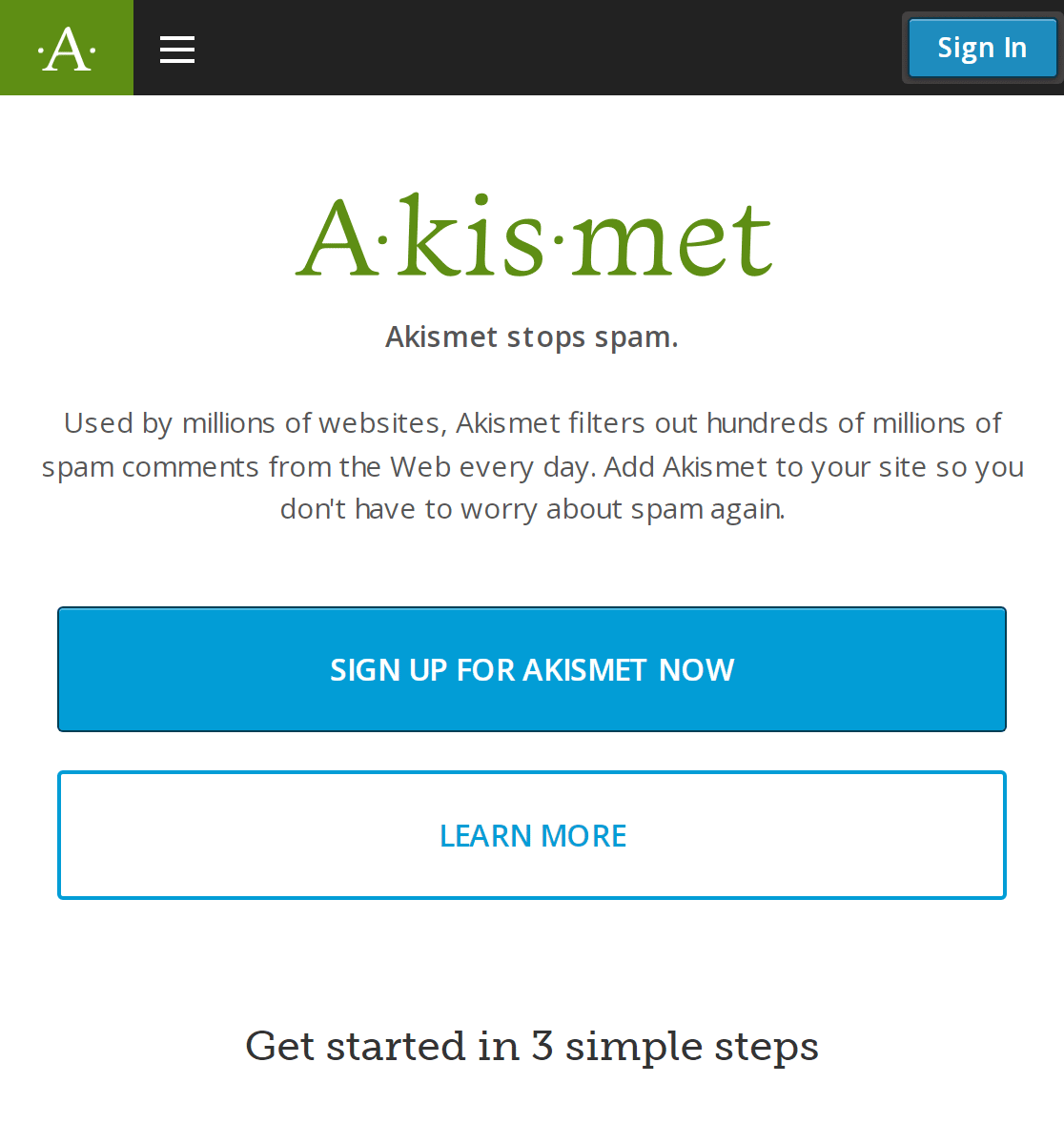 Screenshot of Akismet homepage