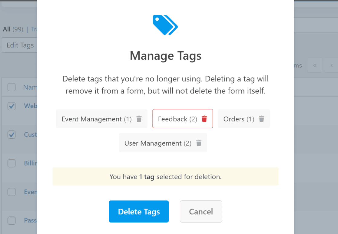 Tag management modal