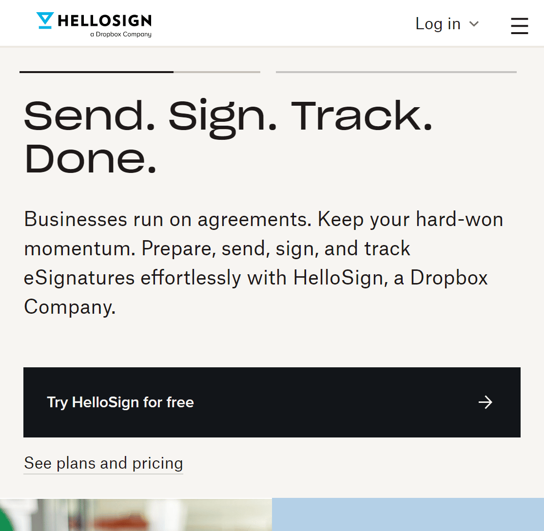 Screenshot of HelloSign homepage