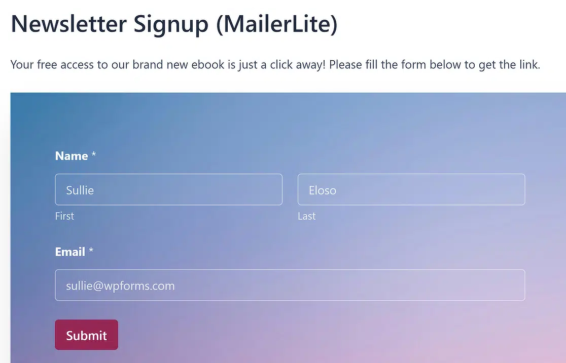Newsletter optin form filled out