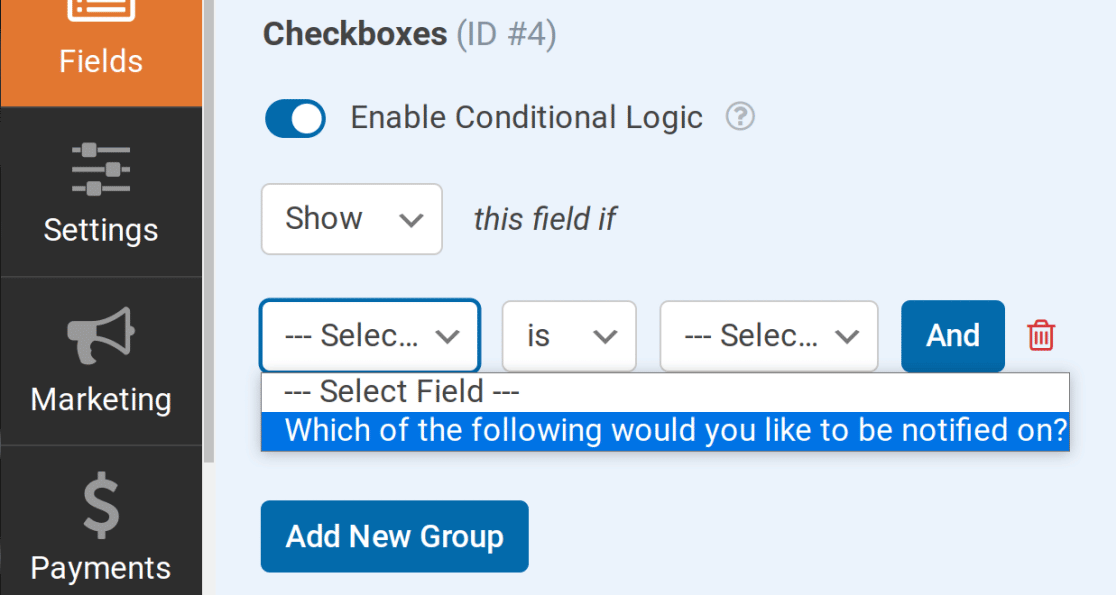 Select the field to pull conditions from