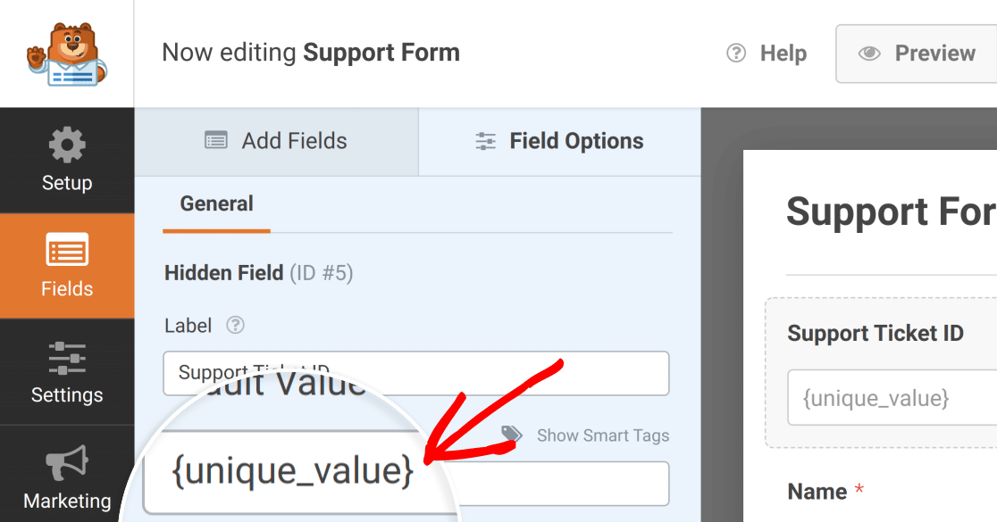 Adding {unique_value} to a Hidden Field