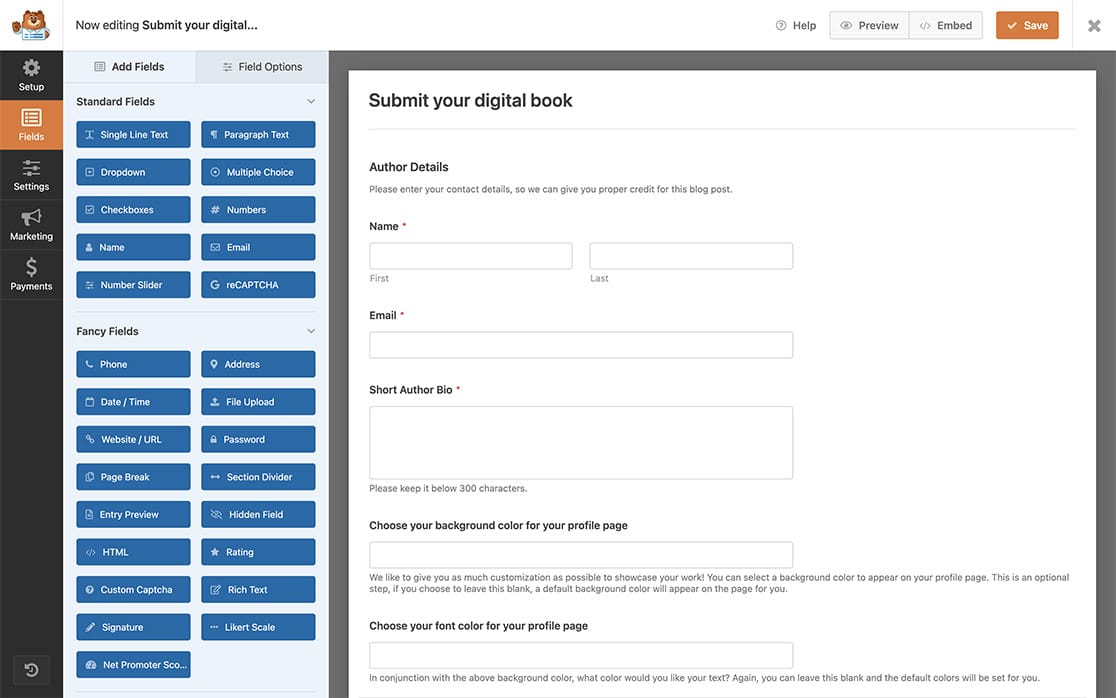 create your form and add your fields including the single line text field you will use to add a color picker